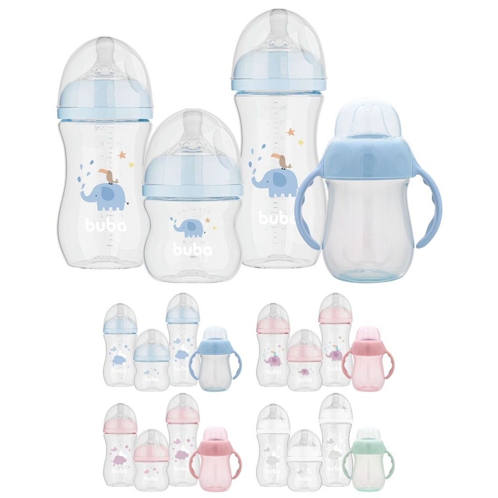 Kit 3 Mamadeiras Buba Easy Flow Anticólica 120ml 270ml 330ml e Copo de Treinamento com Alça Bico Silicone Buba 160ml
