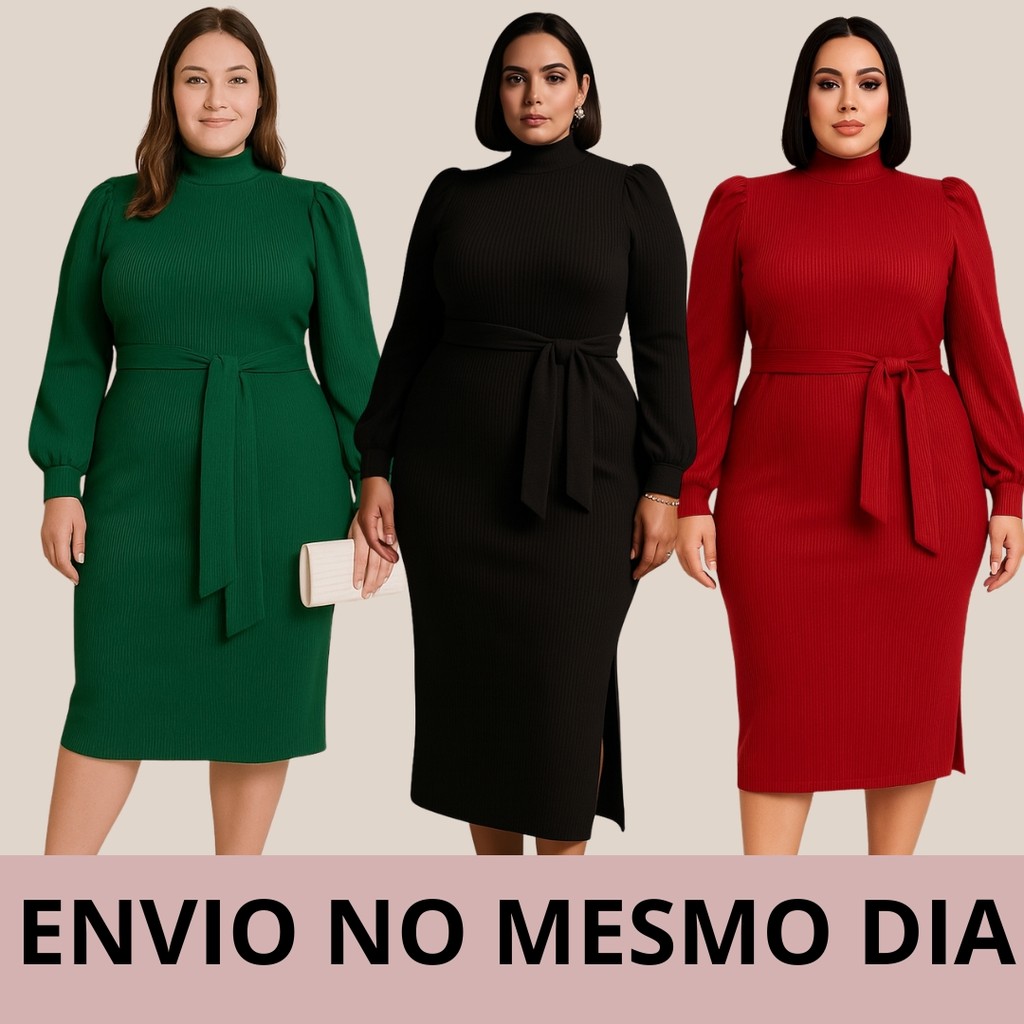 Vestido Manga Longa Plus Size Bufante de Princesa Laço em Amarração  Canelado e Poliéster Moda de Inverno Casual