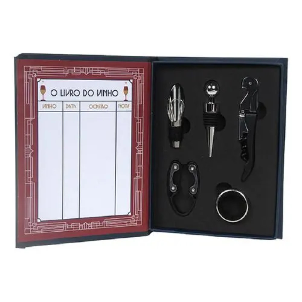Kit Acessorios Para Vinho Com Abridor Tampa Anel Corta Gotas Presente Livro Caixa
