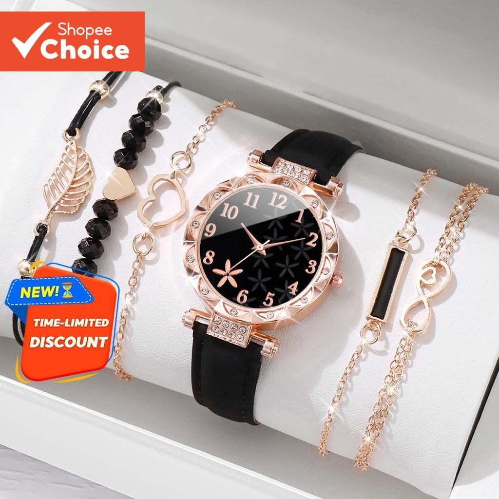 Conjunto De Relógio Com Pulseira De Couro De Quartzo Estilo Coreano , 6 Peças , Combinação De Joias Para Mulheres , Uso