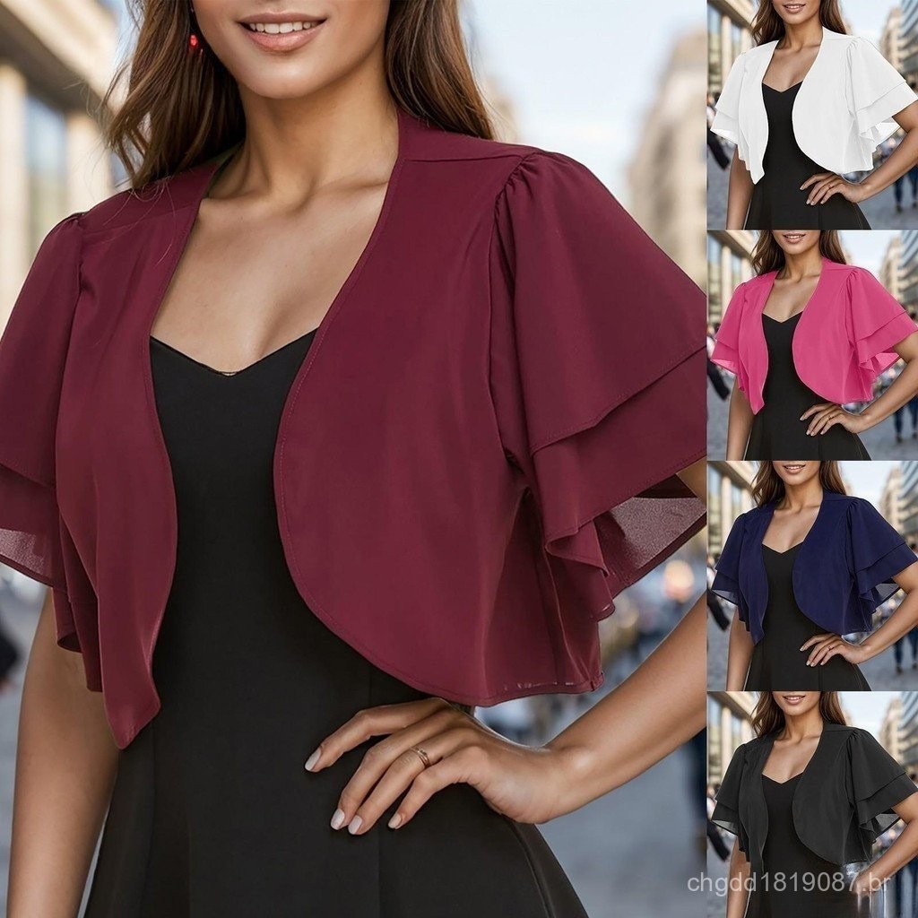 Women Moda Sólida Manga Curta Cortada Bolero Frente Aberta Chiffon Cardigan