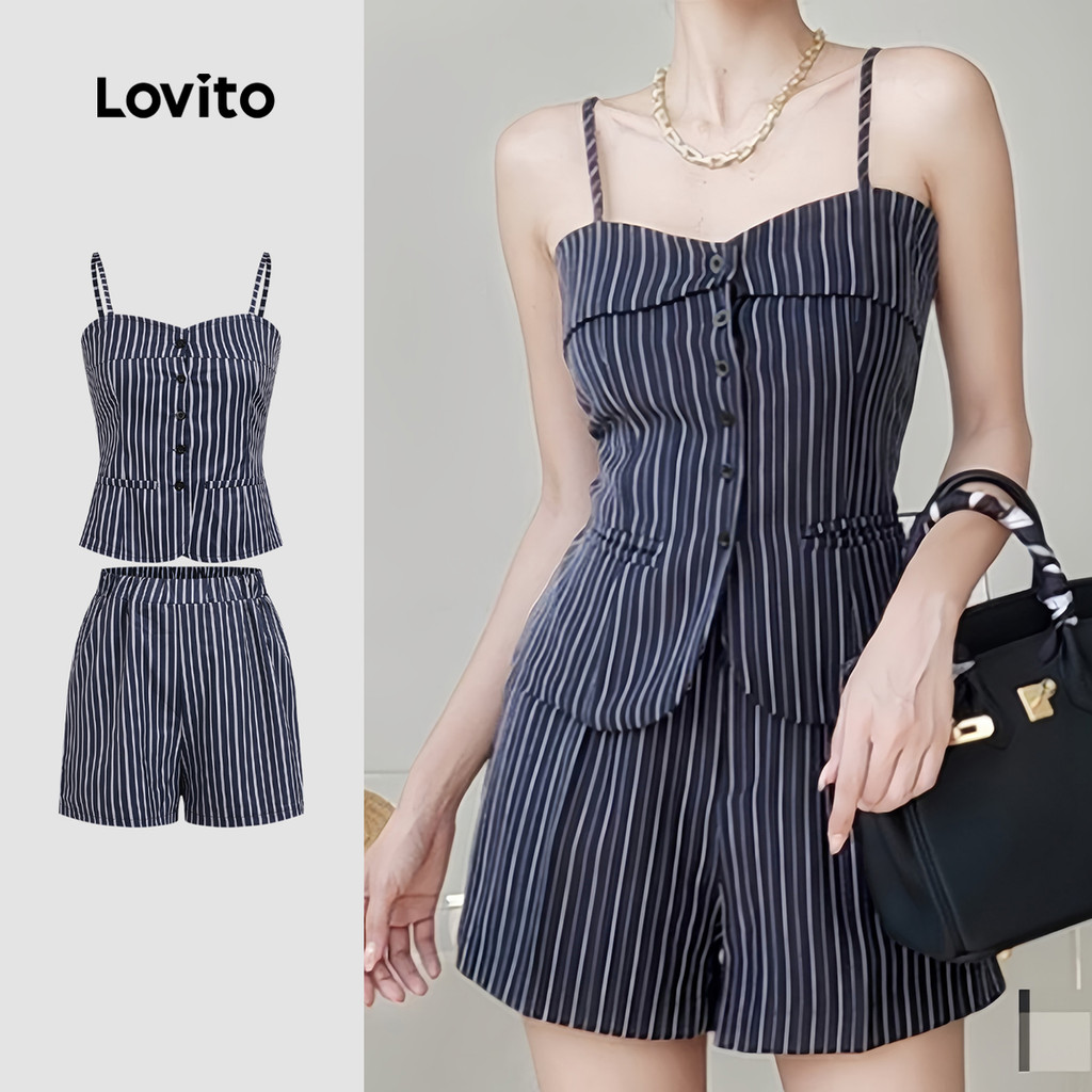 Lovito Conjuntos De Shorts Casuais Listrados Com Botões, Verão, Primavera, Multicoloridos, Para Mulheres L134ED596 em Oferta na Shopee