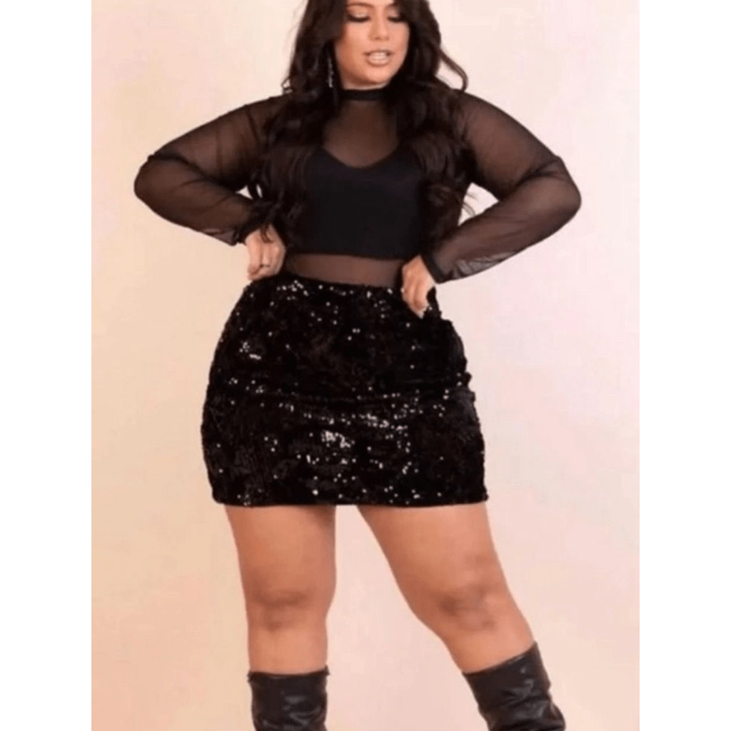 Conjunto Saia Paetê  Plus Size +Body Tule Manga Longa +Cropped Plus Size