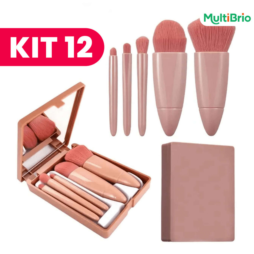 KIT 12 unidades Mini Espelho De Maquiagem Portátil Lupa Mão Segurar Bolso Dobrável Com 5 Pcs Pincéis De Maquiagem