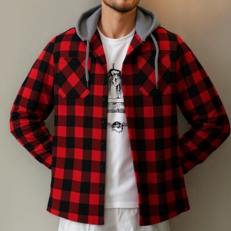 KIN Camisa Masculina Com Capuz E Estampa Xadrez Botões Jaqueta Cardigã Solta