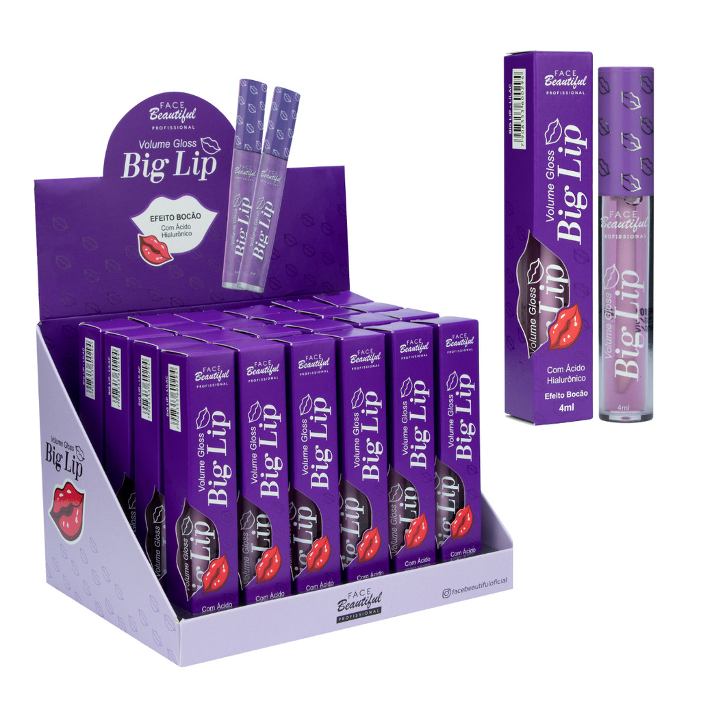 Display 24un Gloss Big Lip Lilac Lilas Efeito Bocão C/ Acido Hialurônico face Beautiful