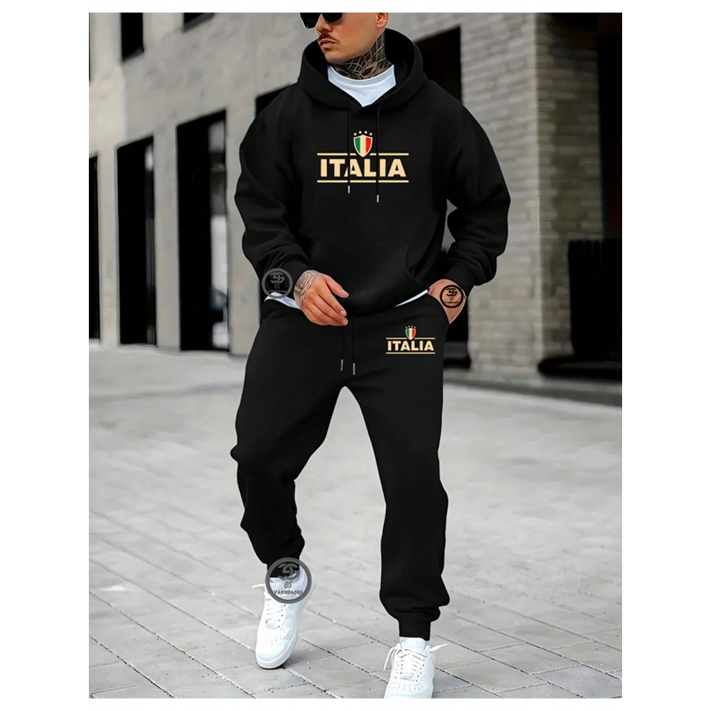Conjunto Moletom Italia Estampado  Blusa de Frio Calça moletom Abrigo de inverno com capuz e Bolso streetwear Flanelado em Oferta na Shopee