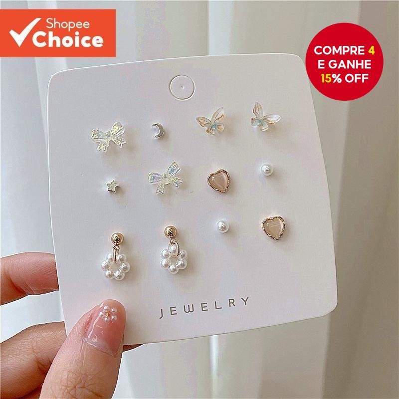6Pairs/Set Conjunto Simples De Brincos De Borboleta Com Nó De Lua Pérola Estrela Do Coraçã...