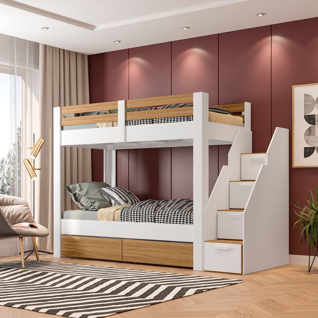 Beliche Solteiro Adulto com 2 Gavetões e 4 Nichos Star Plus Casatema Branco/Amadeirado - Home & Living