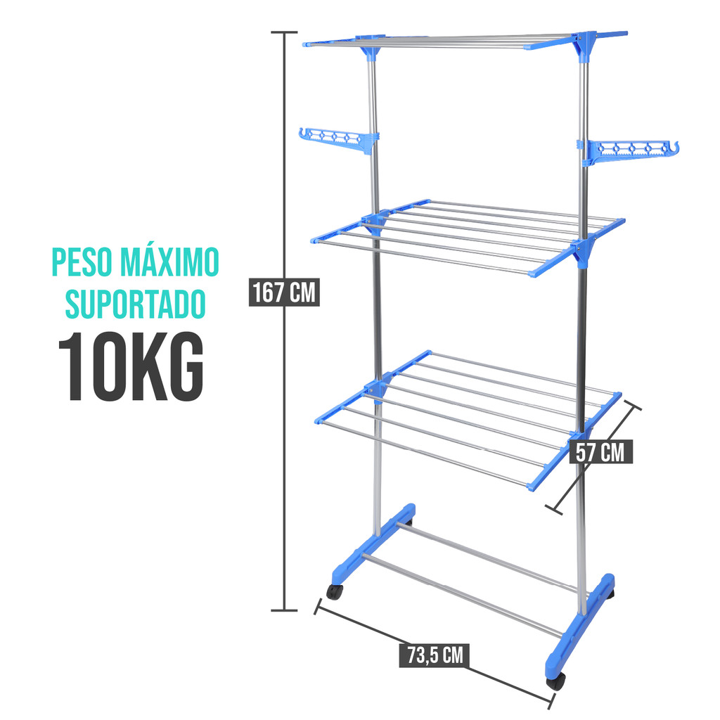 Detalhes do Varal De Roupa Aço Inox Dobrável Vertical Azul