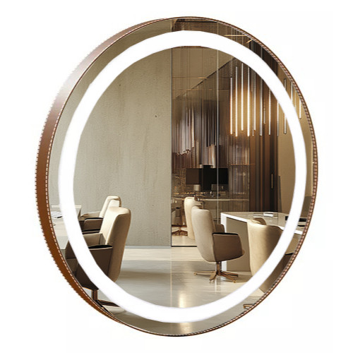 Espelho Adnet 80CM Moldura Couro Led Jateado Touch Luz Branca OU Amarela + Fonte