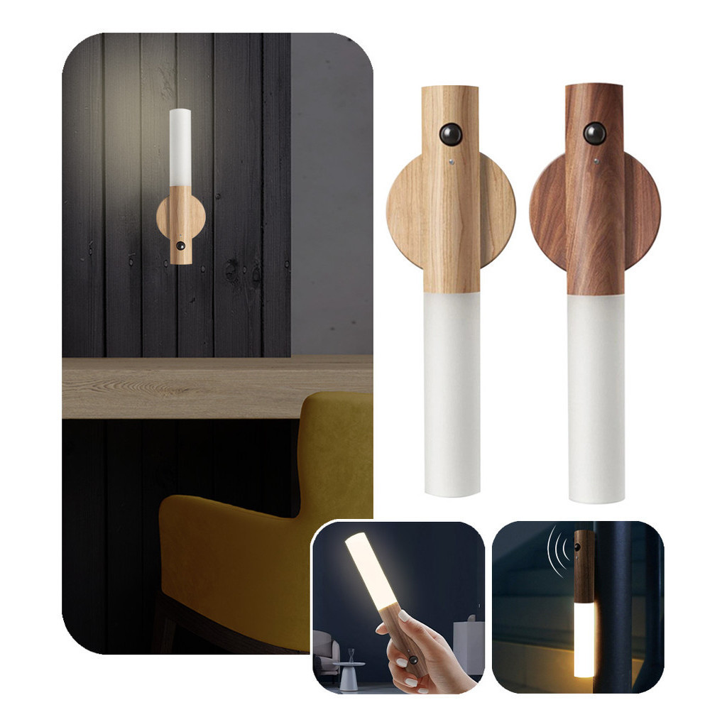 Luminária LED com Sensor Movimento Recarregável Madeira Mesa Parede Magnética Minimalista
