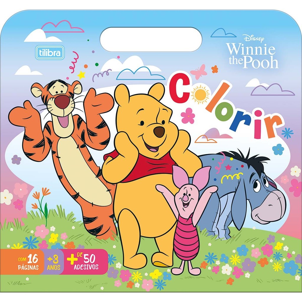 Álbum para Colorir Ursinho Pooh Maleta 8 Páginas + 50 Adesivos - Tilibra Pintar | Kawaii | Papelaria