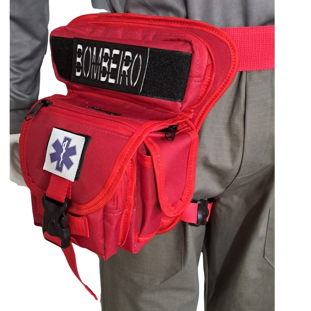 Bornal Pochete de Perna Vermelho Patchs Bombeiro Laser e Estrela da Vida incluso 7 bolsos  com Cinto Mira Resistente
