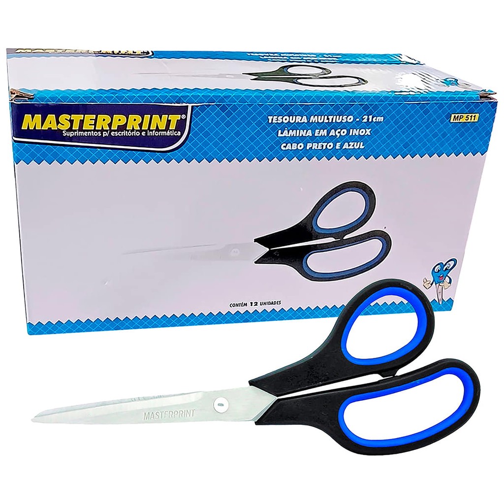 Tesoura Multiuso Lâmina Aço Inoxidável e Corpo Plástico 21cm Caixa c/ 12 Tesouras MP-511 Masterprint