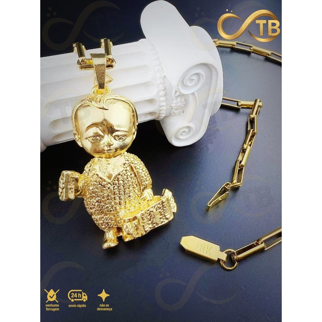 TB Moda Acessórios Conjunto Cordão Corrente PULSEIRA Oca Alongada 60cm 70cm Masculino Ouro 18k