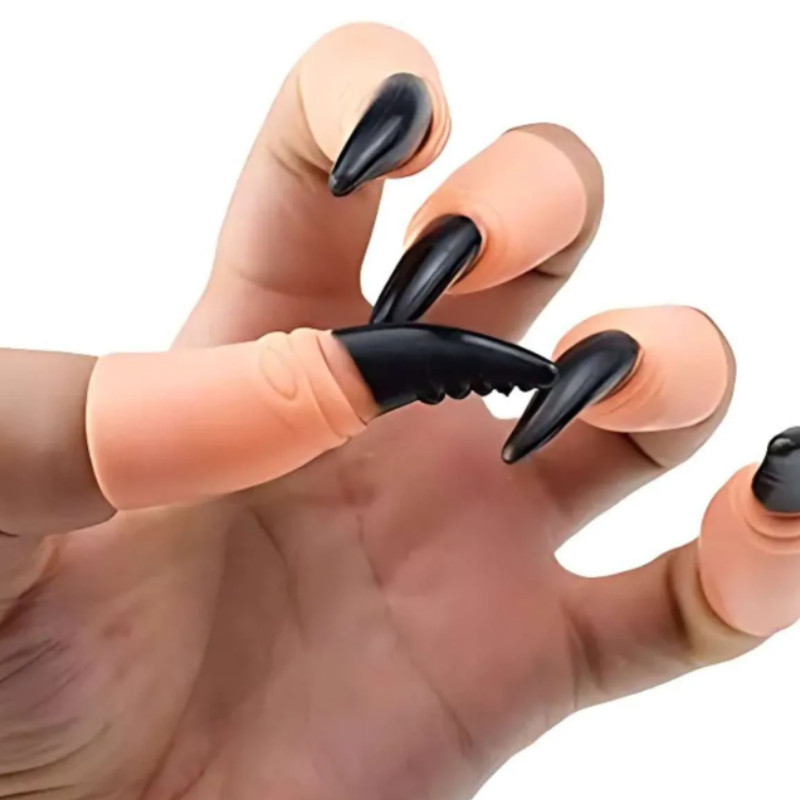 Dedos Unhas de Bruxa Esmalte Preto Fantasia Halloween Vampira Terror Unha Falsa Postiça Aterrorizante