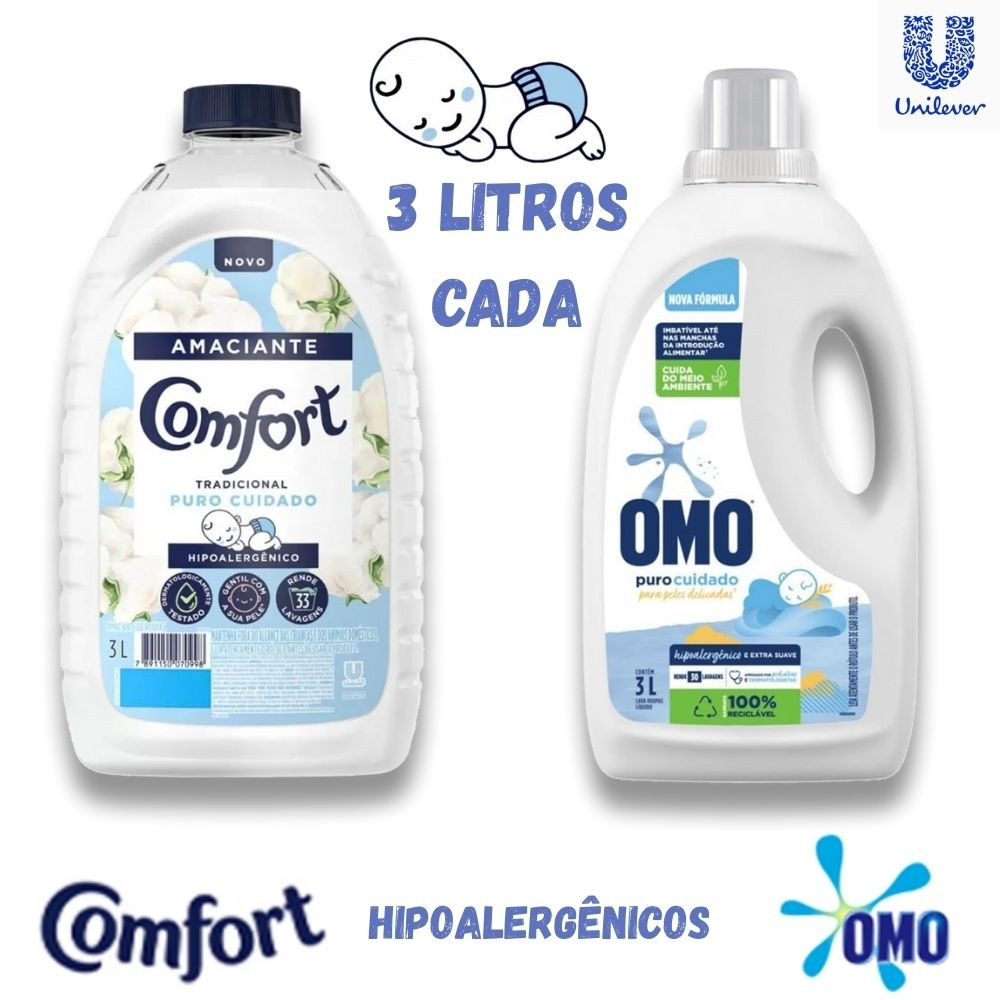 Kit Lava Roupas Omo e Amaciante Comfort Puro Cuidado Roupas Finas de Bebês 3 Litros Cada