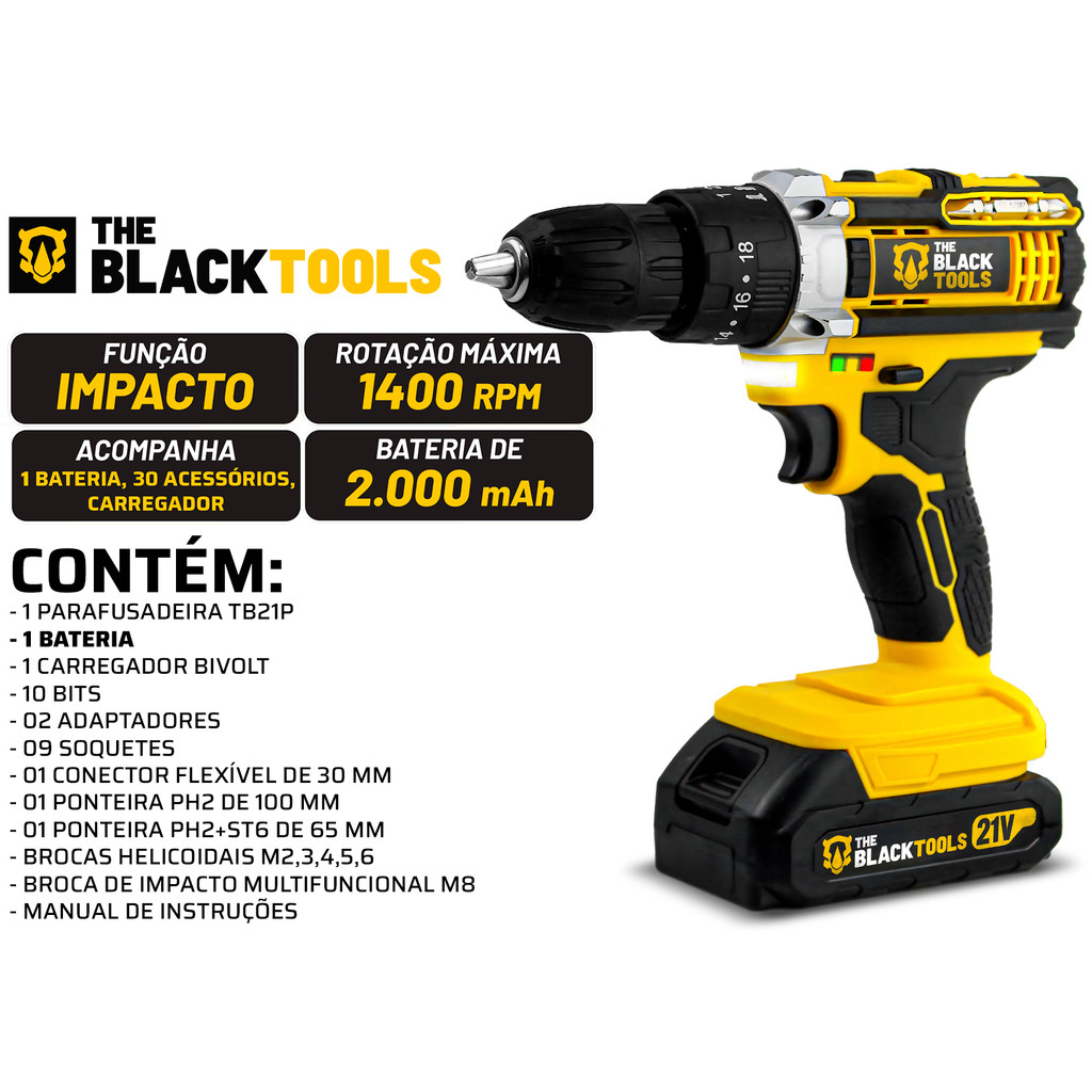 Detalhes do Parafusadeira Furadeira Impacto 21v Com Bateria Maleta e Acessórios Completo The Black Tools