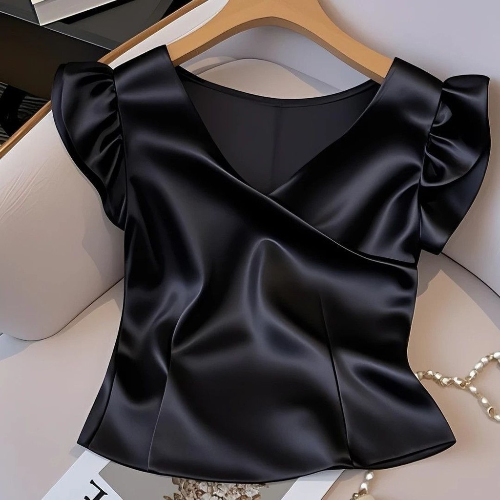 Francês elegante luz luxo roxo com decote em v voando manga curta cetim camiseta feminina High-End redução de idade All-