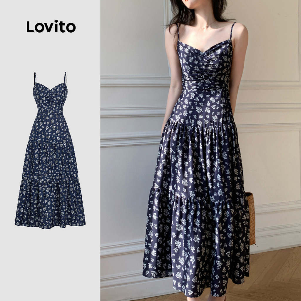 (New) Lovito Vestido Boho Plissado Primavera/verão Azul para mulheres L149LD392 em Oferta na Shopee
