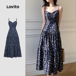 (New) Lovito Vestido Férias Plissado Primavera/verão Azul para mulheres L149LD392