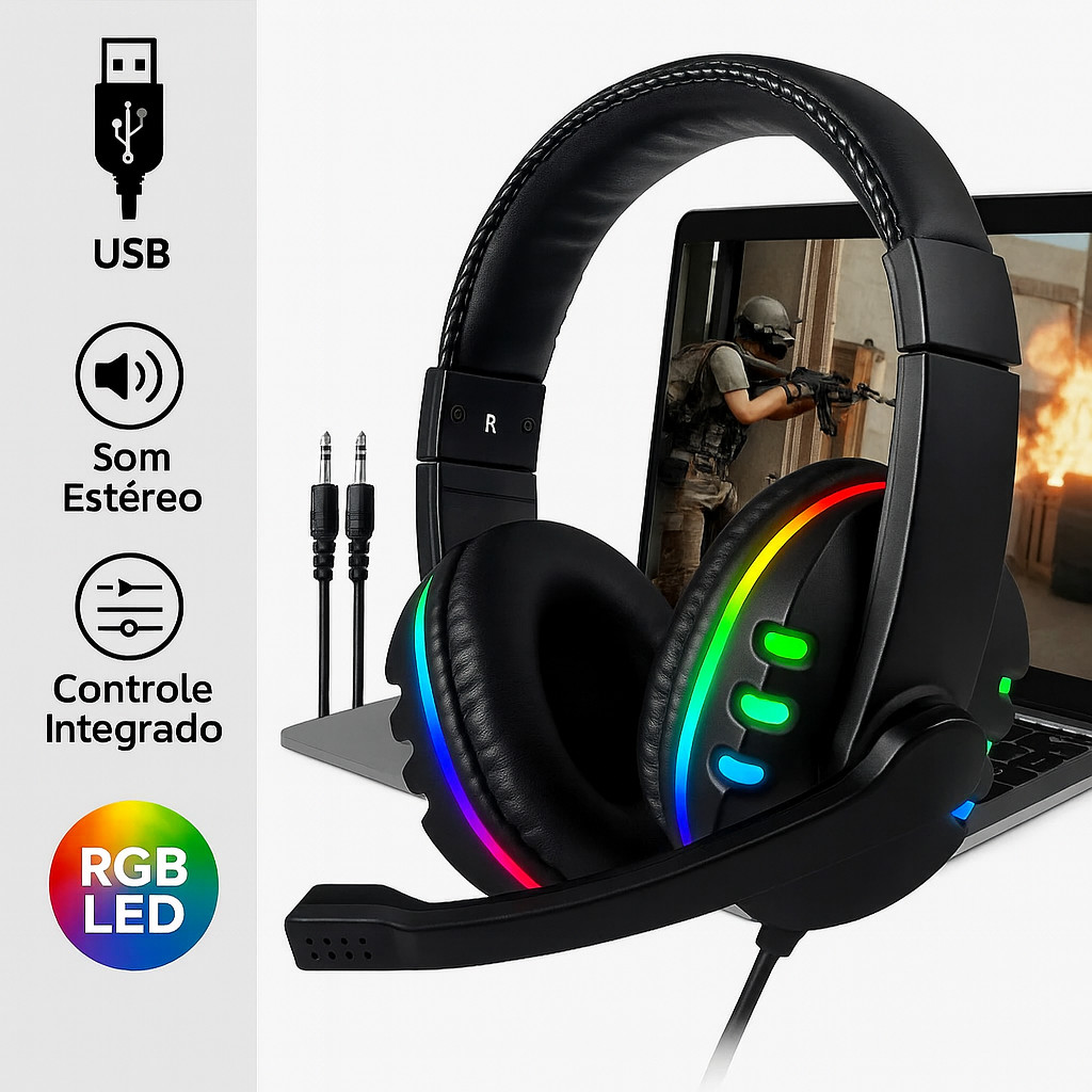 Fone Gamer Led RGB Headset microfone USB P2 PC Computador Celular Headphone V...