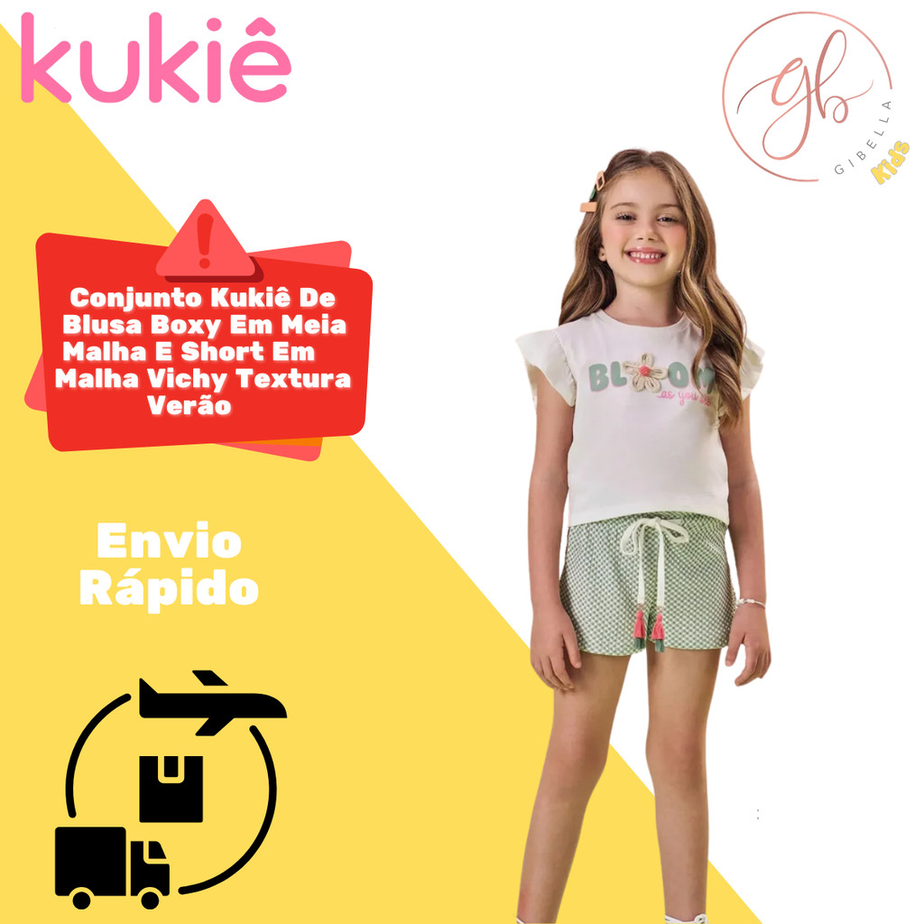 Conjunto Kukiê Blusa Boxy E Short Vichy Verde Abacate Verão
