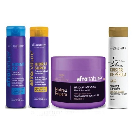 Kit de Manutenção Hidrat 22 Ativador Cachos 300ml Máscara Intensiva 500g Shampoo Semi Di Lino Iluminador Cristais de Perola Para Cabelos Secos e Ressecados All Nature