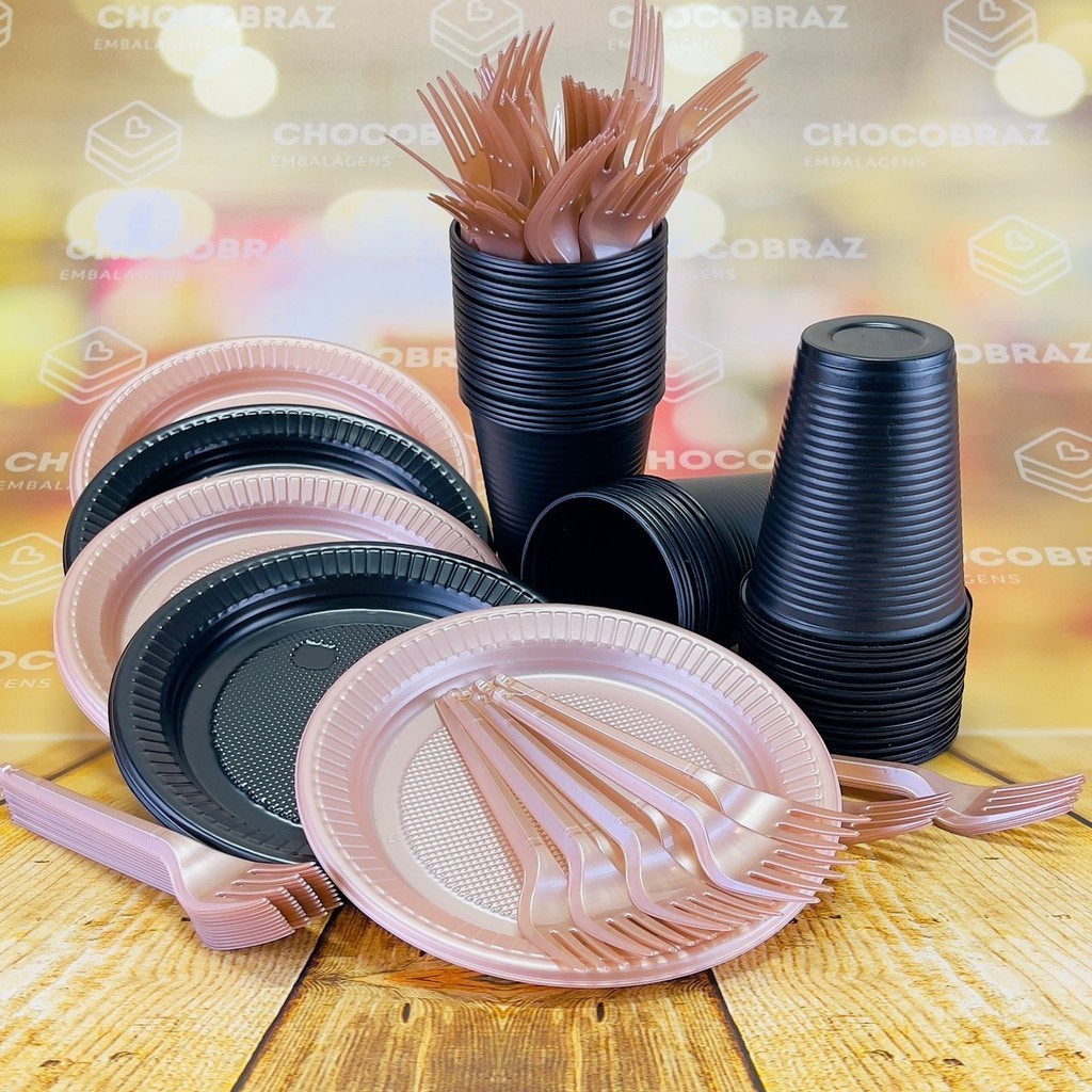 Kit Festa 50 PESSOAS DESCARTAVEIS PRETO E ROSE GOLD GARFO + PRATO + COPO - Home & Living