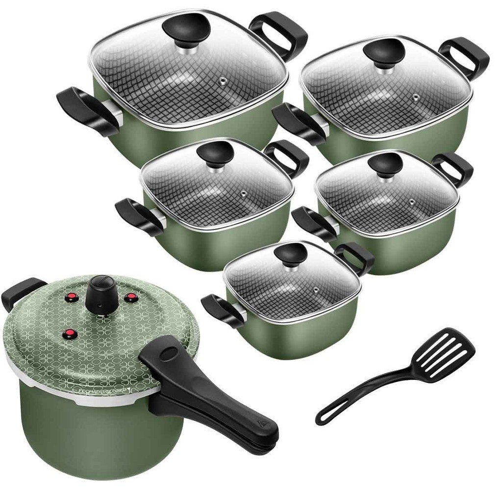 Conjunto Antiaderente Quadrado Verde + Panela de Pressão Fechamento Externo Patolux