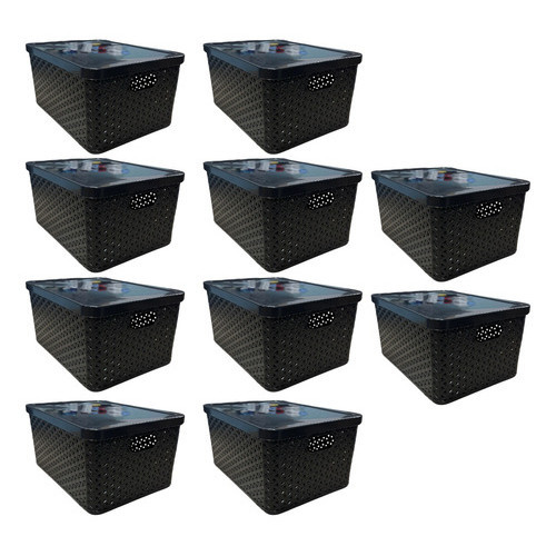 Kit 10 Cesto Caixa Organizadora Rattan 4 Litros Preto Com Tampa
