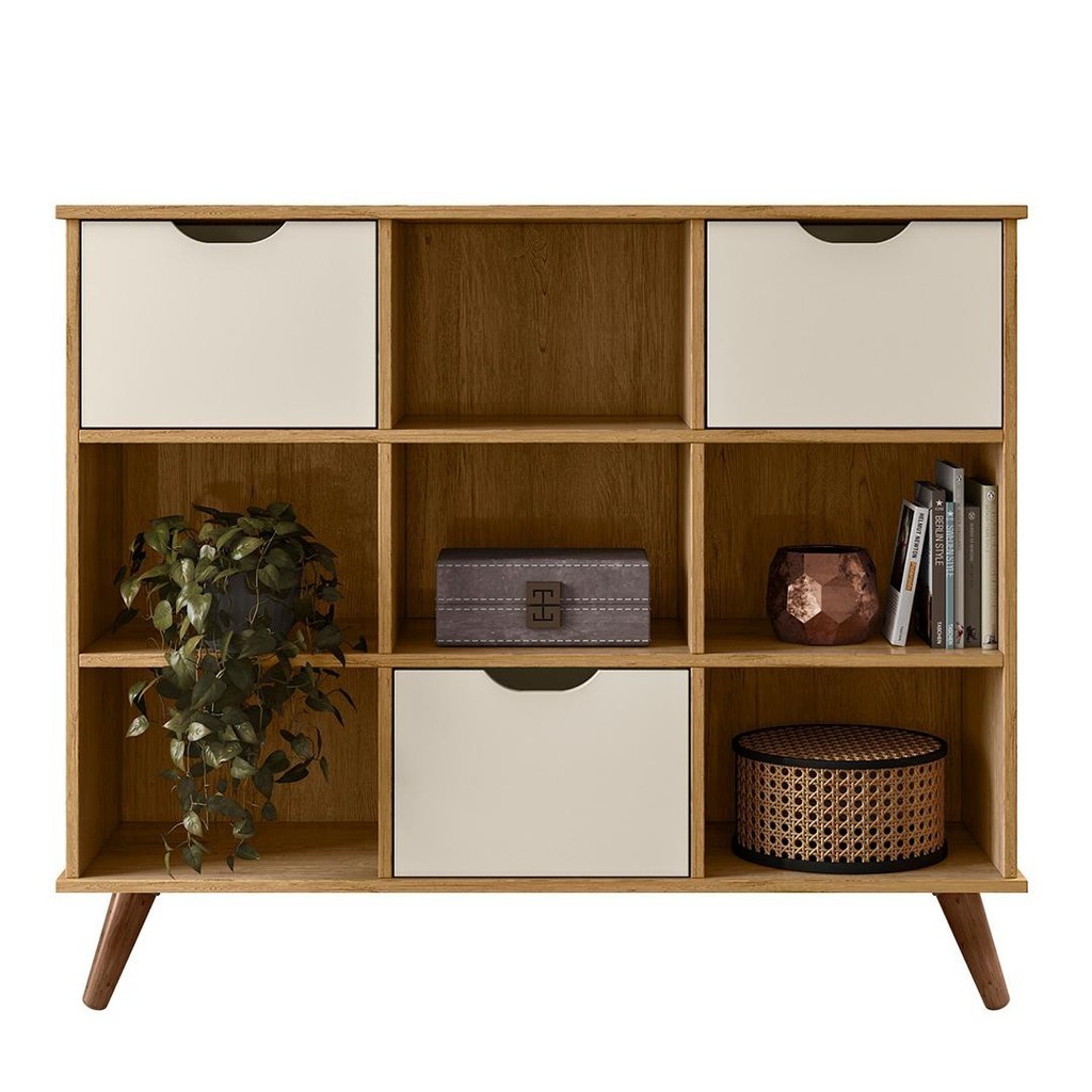 Nicho Organizador Retrô 3 Gavetas Freijó/Off White - Qmovi em Oferta na Shopee