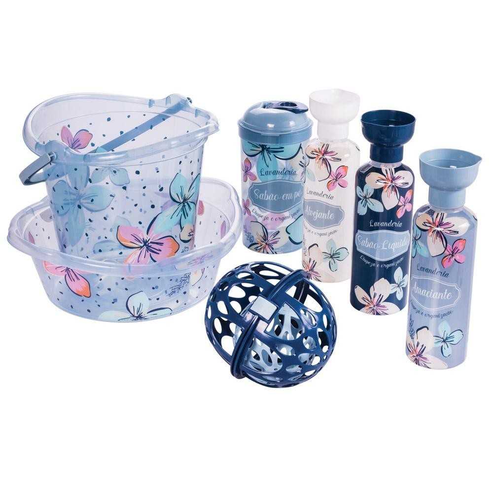 Kit 7 Peças Lavanderia Organização Floral Plasútil em Oferta na Shopee
