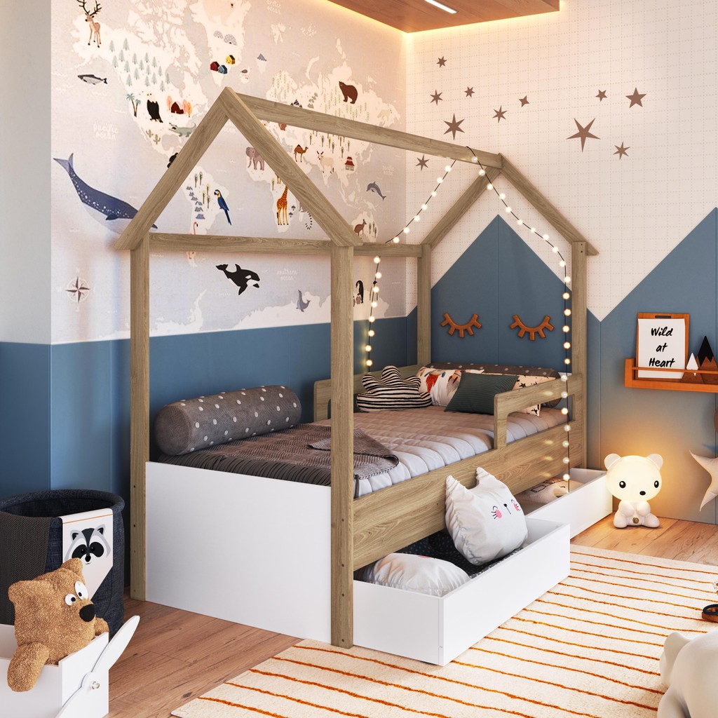 Cama Infantil Montessoriana Casa Solteiro Menino/a Proteção Lateral Gaveta com Roda Aveiro/Branco - Home & Living