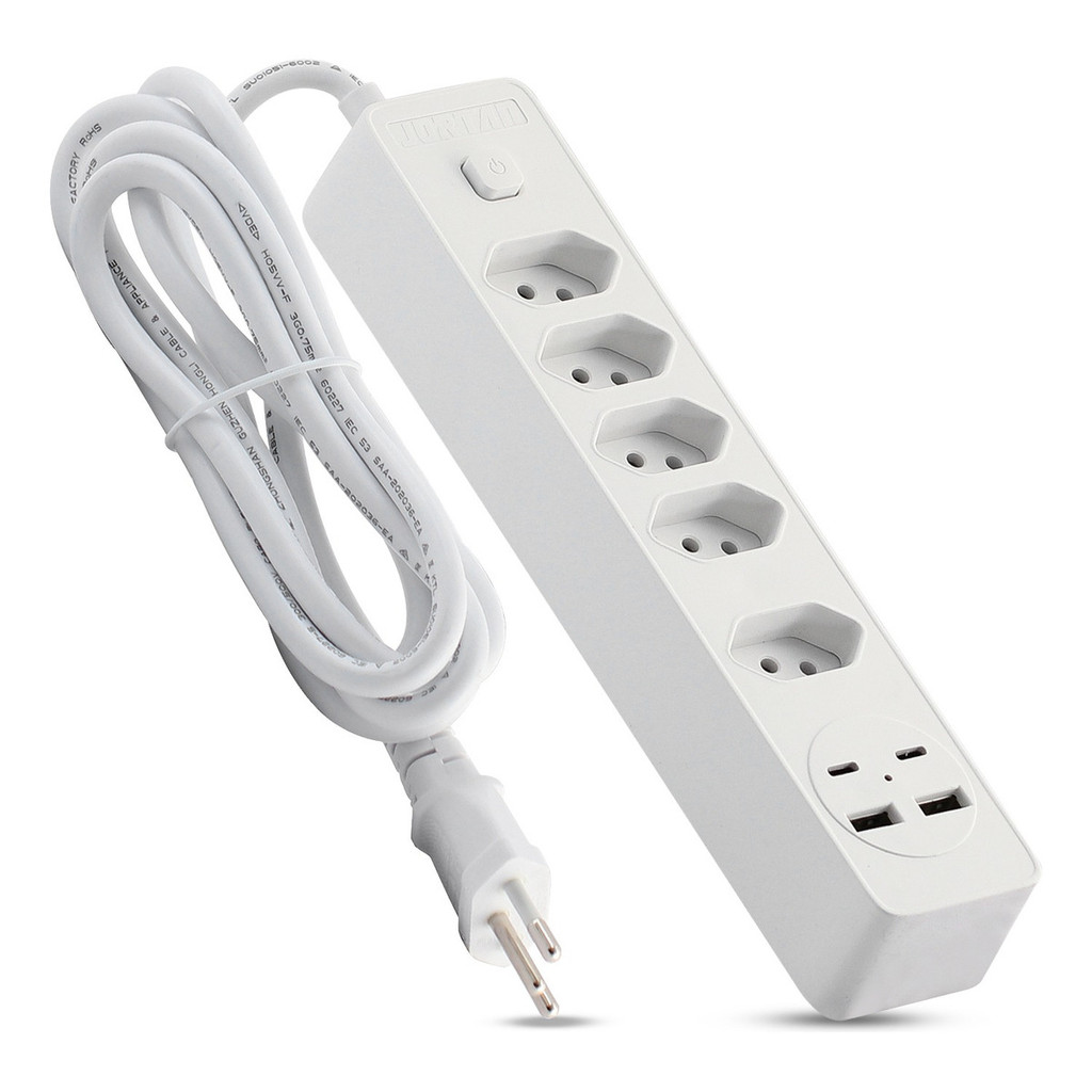 Filtro De Linha Extensão 2m com 5 Tomadas USB e Tipo C Bivolt 127V/220V (S16)