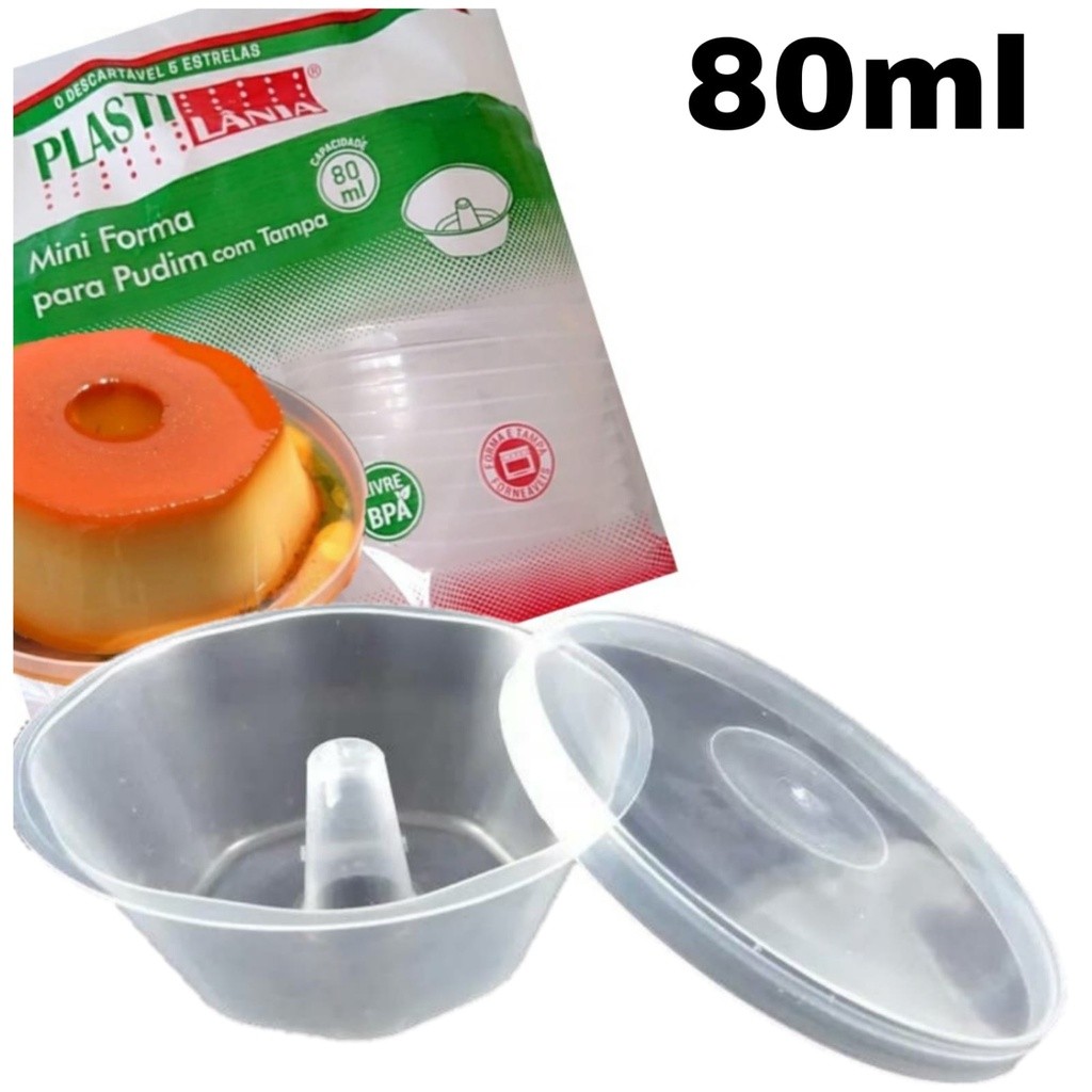 Forma Mini Pudim C/tampa Forneável 80ml C/60un plastilania livre de bisfenol forneavel em banho maria