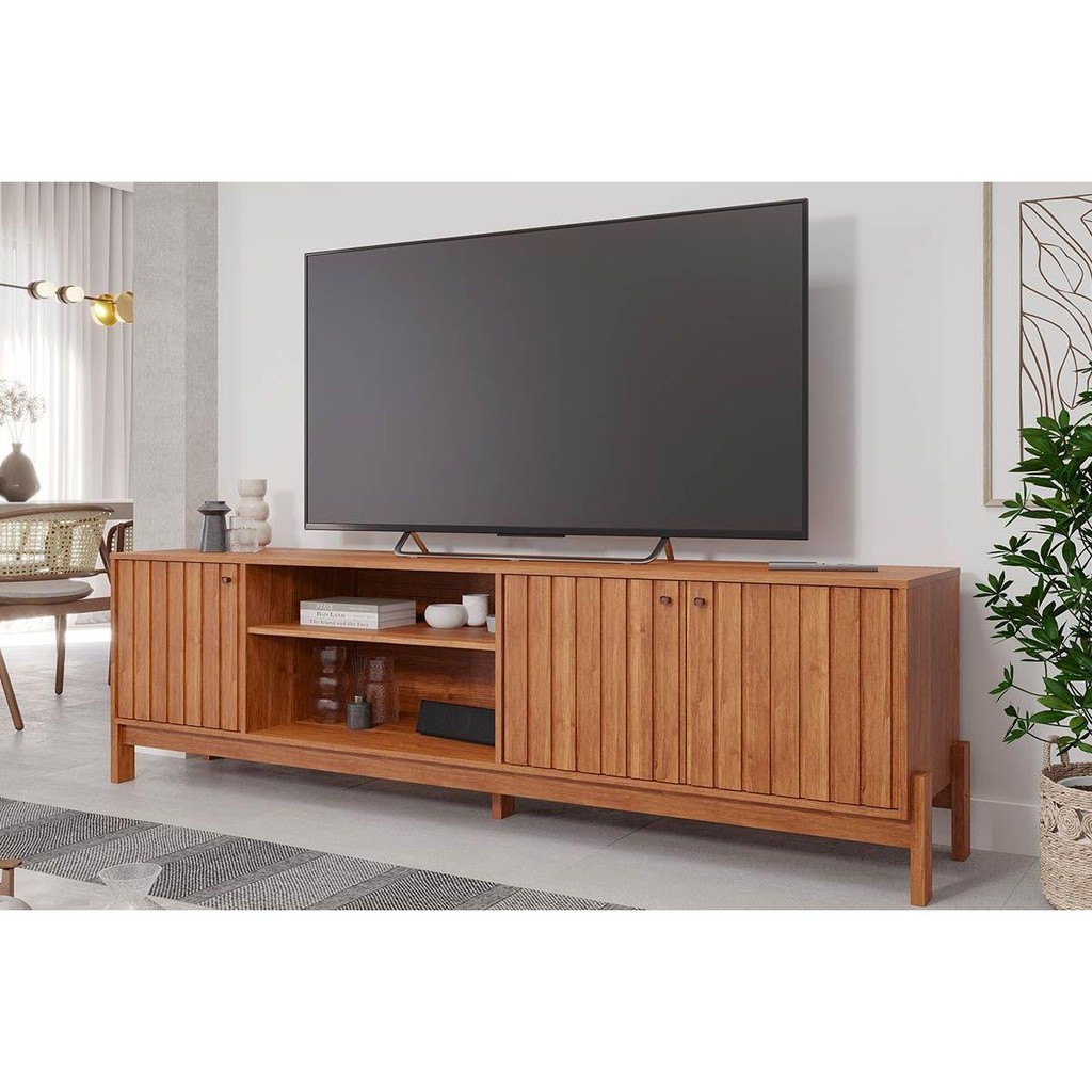 Rack Bancada p/TV até 70 pol Holanda 100% MDF c/ Nichos e Pés 205cm Cinamomo - Permóbili - Home & Living