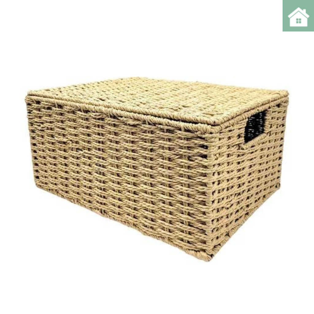 Cesto Baú ou Caixa Organizadora Com Tampa e Alça De Fibra Palha Natural Rústico e Decorativo em Oferta na Shopee