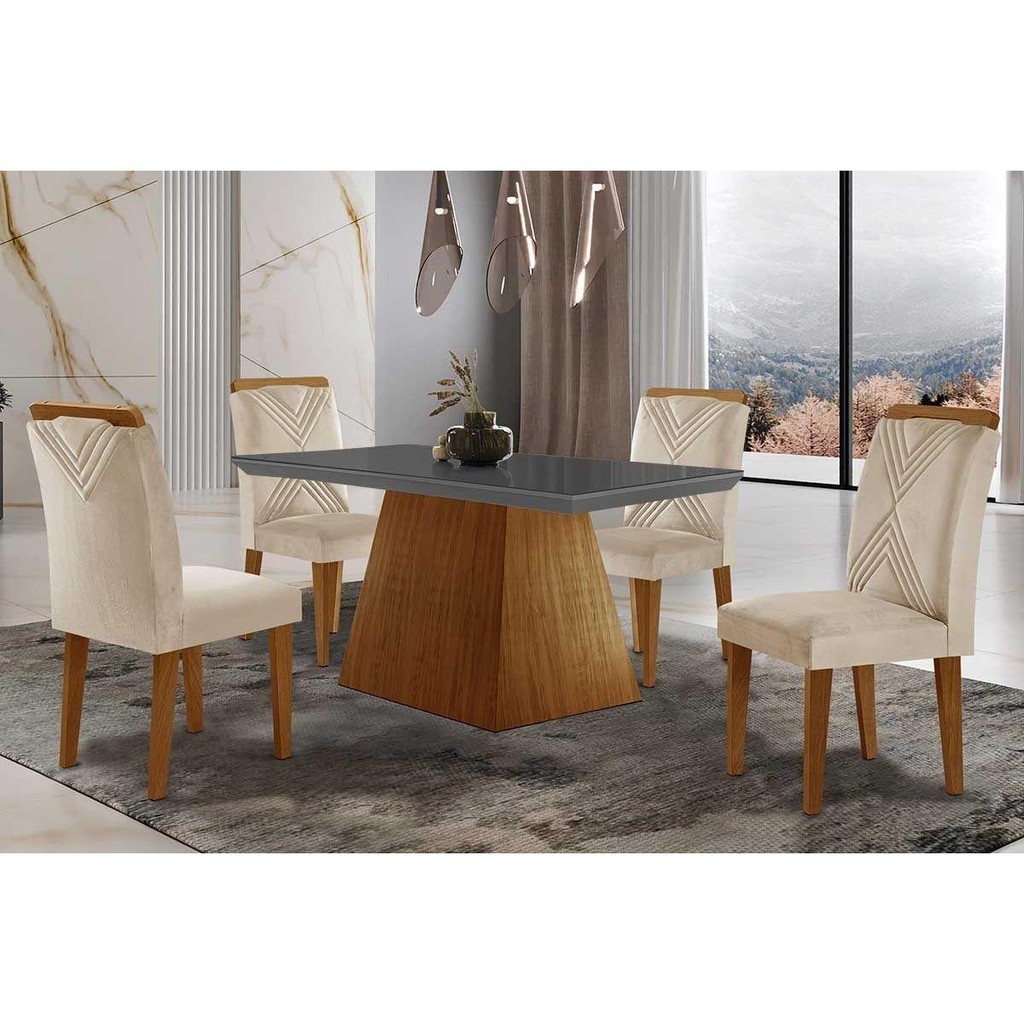 Sala de Jantar Completa Luna Tampo Madeirado c/ Vidro Reto 120x80 e 4 Cadeiras Amsterdã Imbuia - Veludo Creme - Rufato em Oferta na Shopee