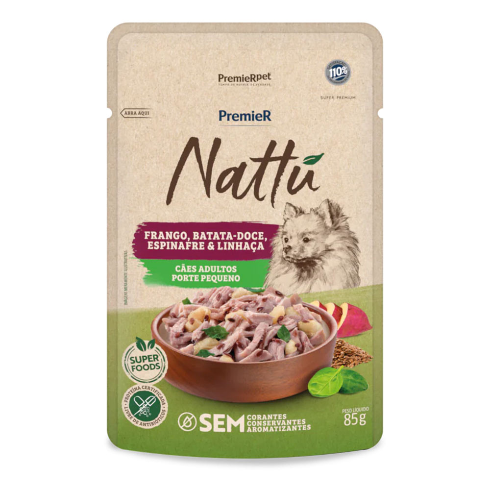 Ração Úmida Premier Nattu Sachê Cães Adultos Porte Pequeno Frango, Batata Doce, Espinafre e Linhaça 85g