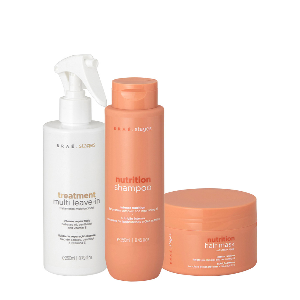 Kit Braé Stages Nutrition Shampoo Máscara Multi Leave-in (3 produtos) em Oferta na Shopee