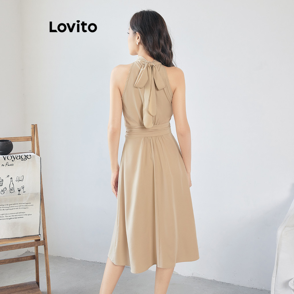 Detalhes do Lovito Vestido Casual Franzido De Verão/Primavera Para Mulheres L105MD531