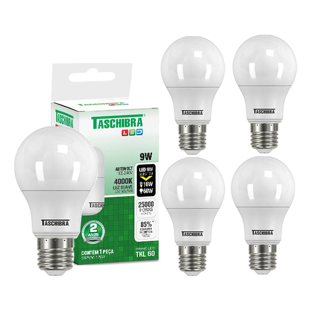 Kit 5 Lâmpada Led 9w Luz Morna Branco Neutro 4000k Taschibra em Oferta na Shopee