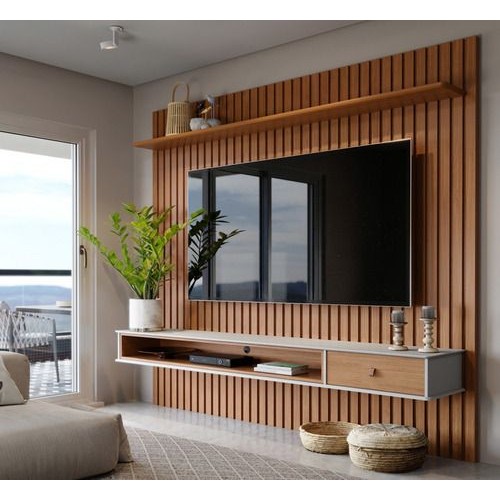Painel Ripado para TV até 75 Polegadas com Rack Suspenso 2,20 x 2,30m Gaveta Prateleira Sala Moderna Madeira Decorativo