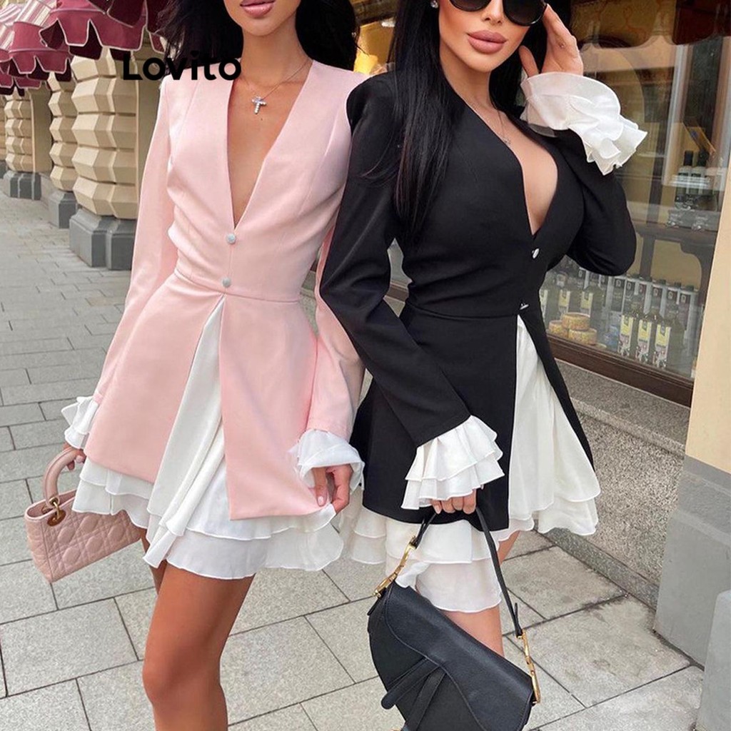 Lovito Vestido elegante com costura em tecido liso para mulheres LNL65074