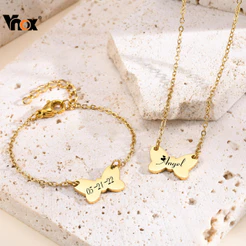 Conjunto De Colar De Pulseira De Borboleta Personalizada Vnox Para Bebê , Com Nome Gravado Menino E Menina , Presente De