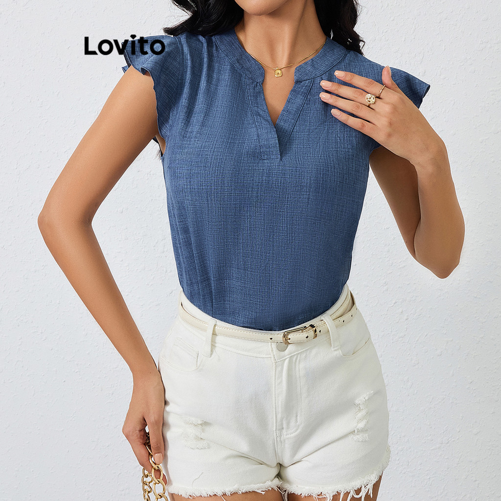 Detalhes do Lovito Blusa Casual Blusa Lisa Com Babados Para Mulheres LBL17547