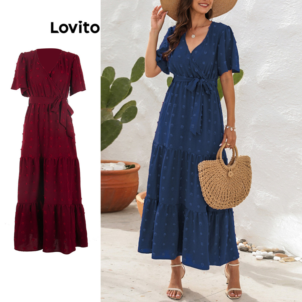 Lovito Vestido feminino casual liso Pom camada em camadas com cordões LNL51024