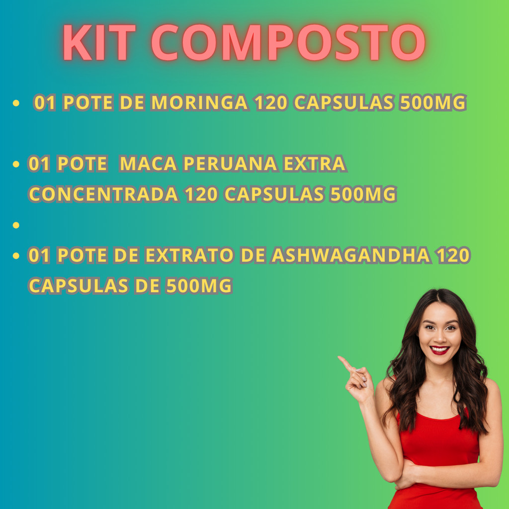 Moringa, extra Ashwagandha, Maca extra concentrada 120 capsulas cada pote